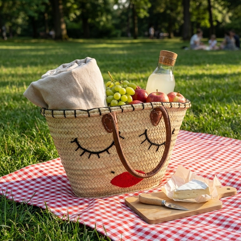 Woven Straw Tote Bag with Embroidered Face and Leather Handles