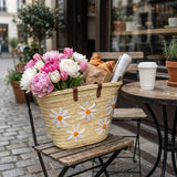 Daisy Straw Tote Bag Handwoven Floral Market Basket