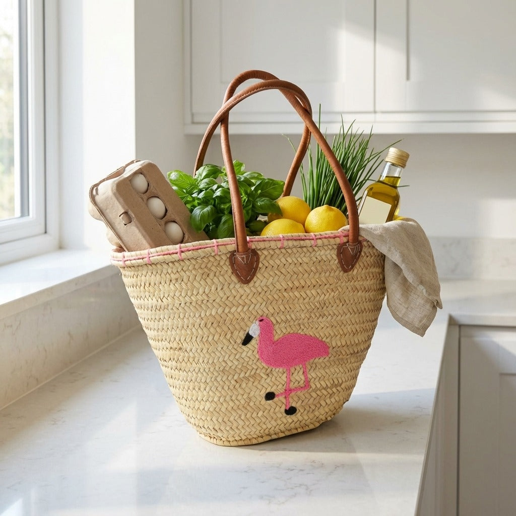 Embroidered Flamingo Straw Tote Bag Woven Summer Beach Basket
