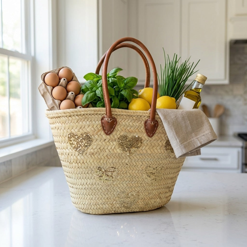 Gold Sequin Heart Straw Market Basket French Tote Bag
