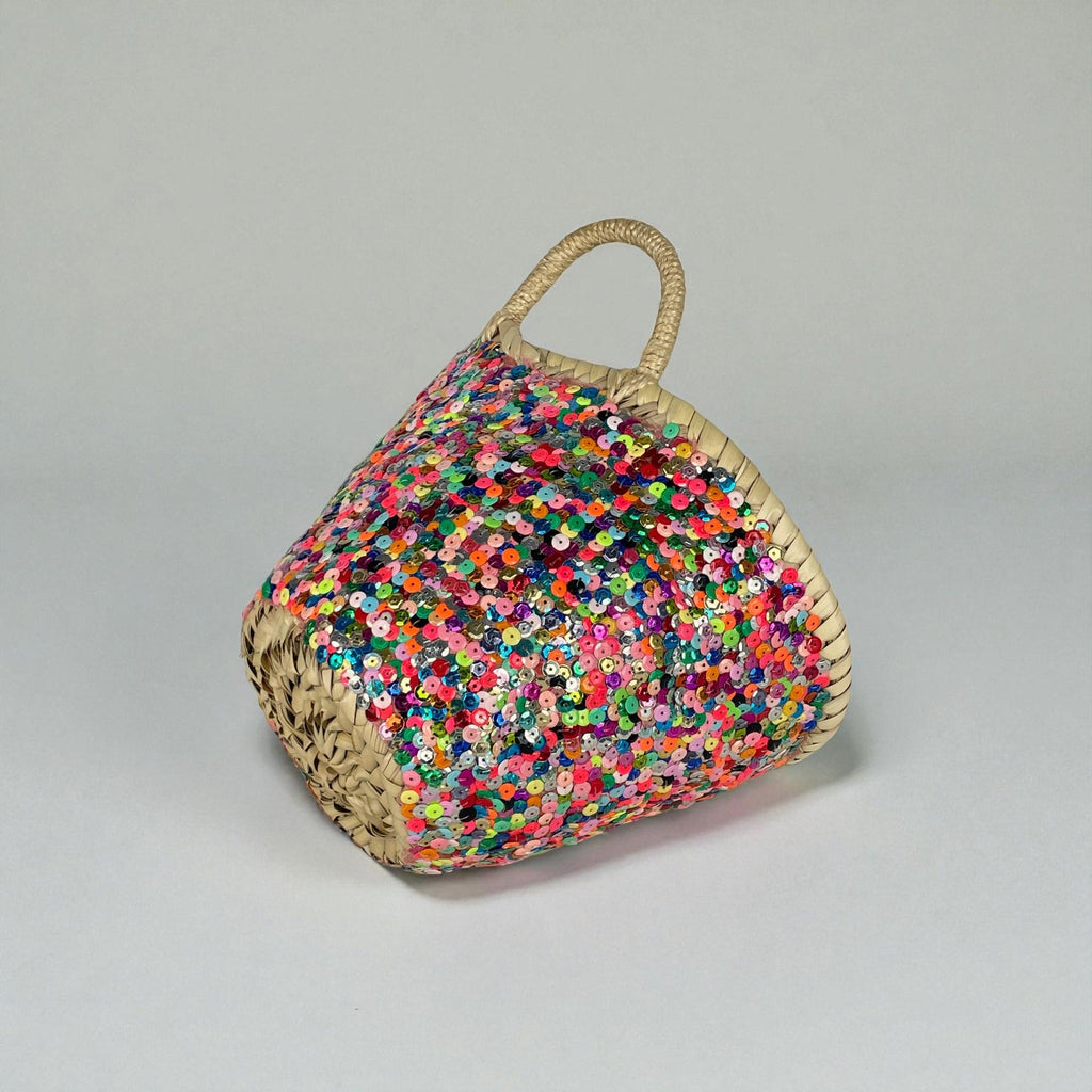 Sequin Straw Basket Mini Tote - Handmade Woven Gift Bag