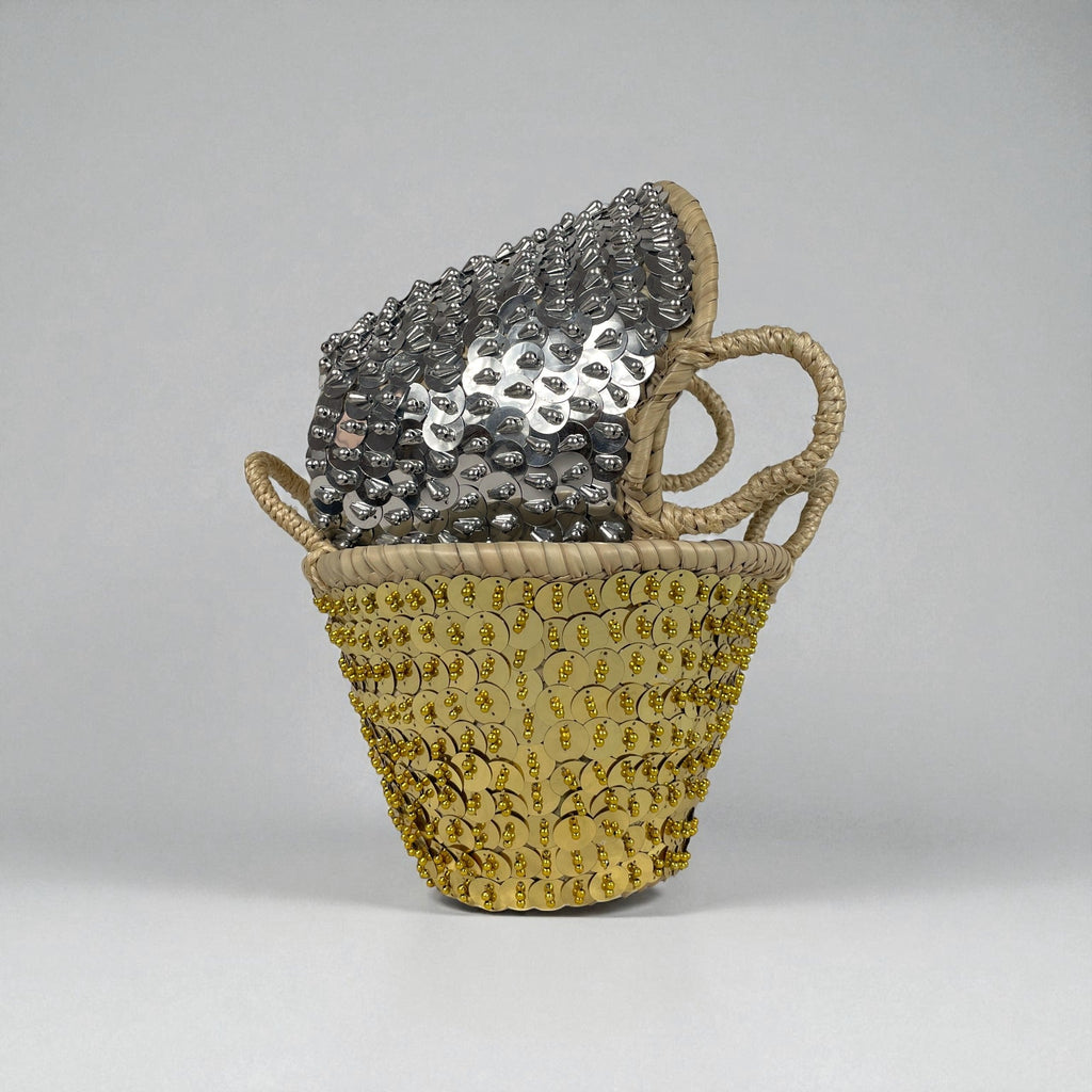 Sequin Straw Basket Set Gold Silver Boho Storage Decor