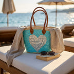 Sequin Heart Straw Beach Bag - Turquoise Market Tote