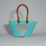 Sequin Heart Straw Beach Bag - Turquoise Market Tote