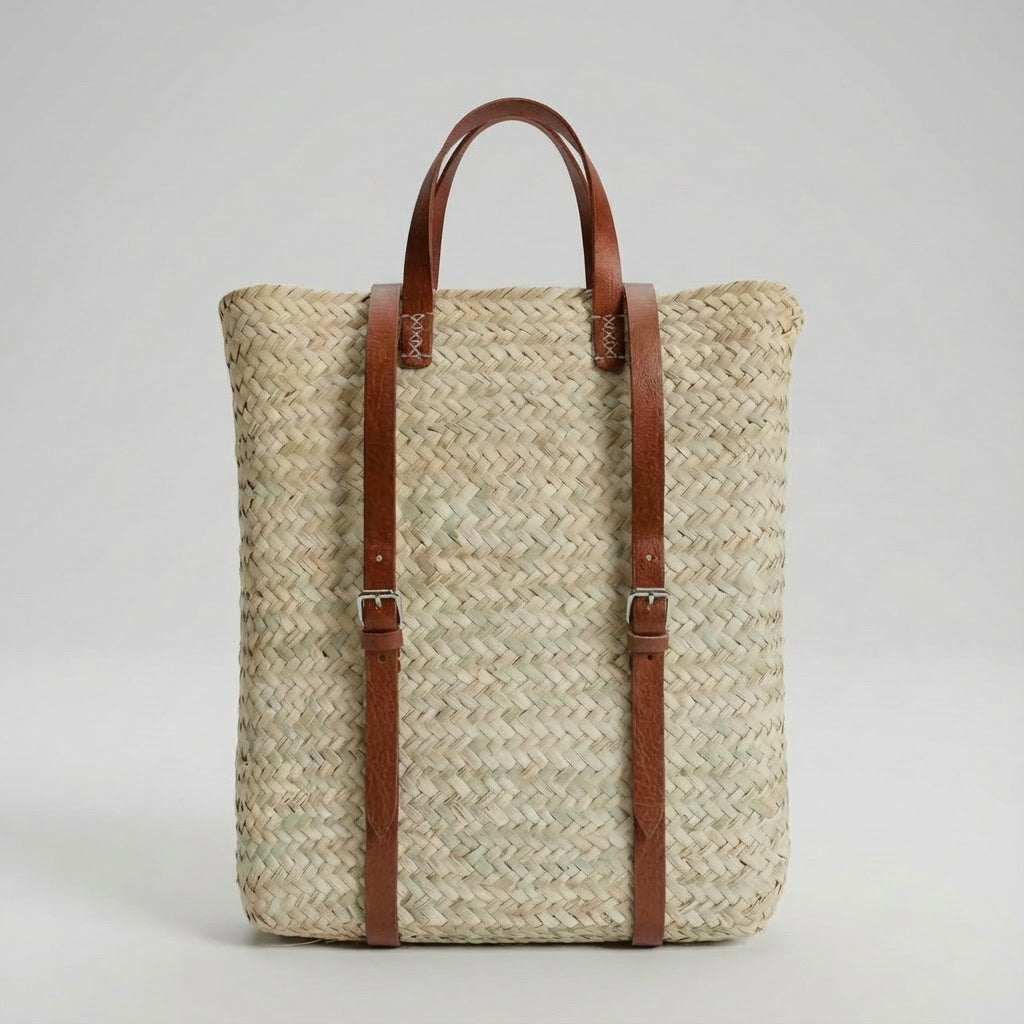 Handmade Straw Backpack with Leather Straps Woven Market Bag