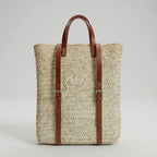 Handmade Straw Backpack with Leather Straps Woven Market Bag