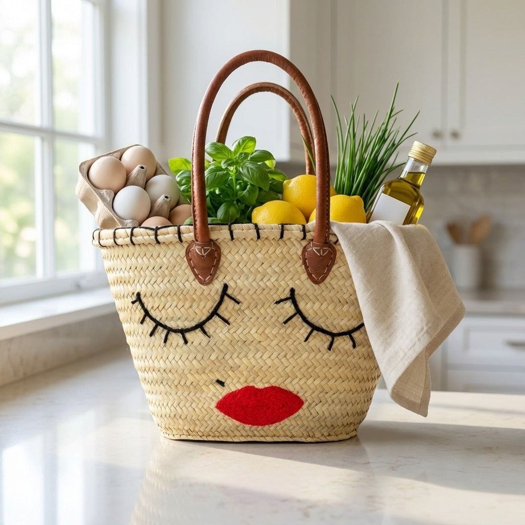 Woven Straw Tote Bag with Embroidered Face and Leather Handles