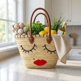 Woven Straw Tote Bag with Embroidered Face and Leather Handles