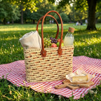 Woven Straw Tote Bag with Leather Handles Summer Beach Market Basket