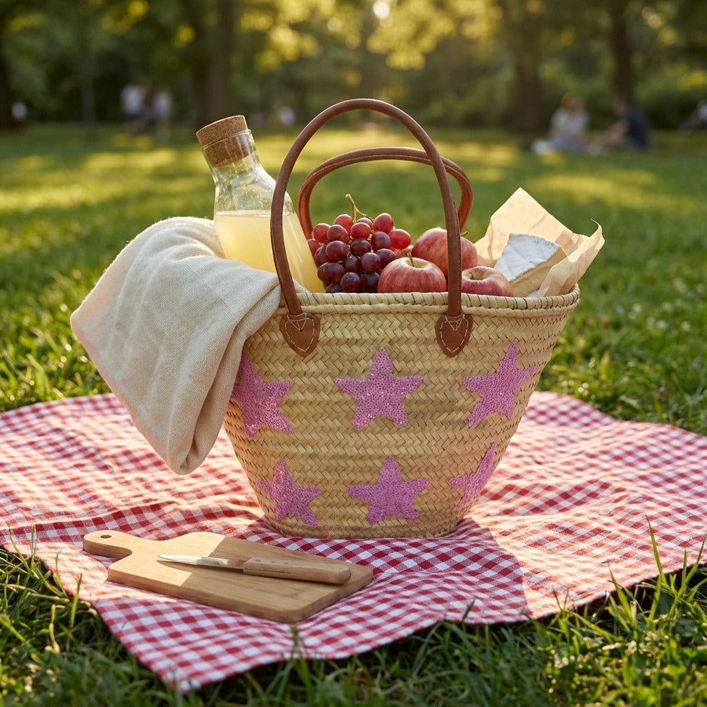 Pink Star Straw Tote Bag - French Market Basket Leather Handles