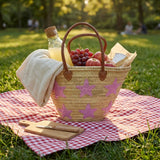 Pink Star Straw Tote Bag - French Market Basket Leather Handles