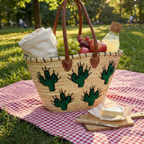 Woven Straw Cactus Tote Bag Market Basket Leather Handles