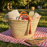 Woven Straw Market Tote with Leather Handles & Tassel