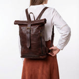 Leather Roll Top Backpack Vintage Travel Rucksack Laptop Bag