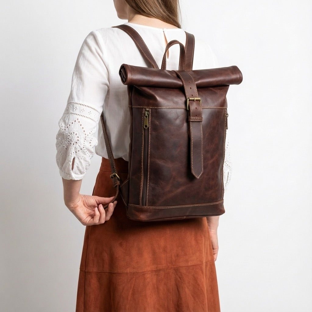 Leather Roll Top Backpack Vintage Travel Rucksack Laptop Bag