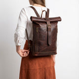 Leather Roll Top Backpack Vintage Travel Rucksack Laptop Bag