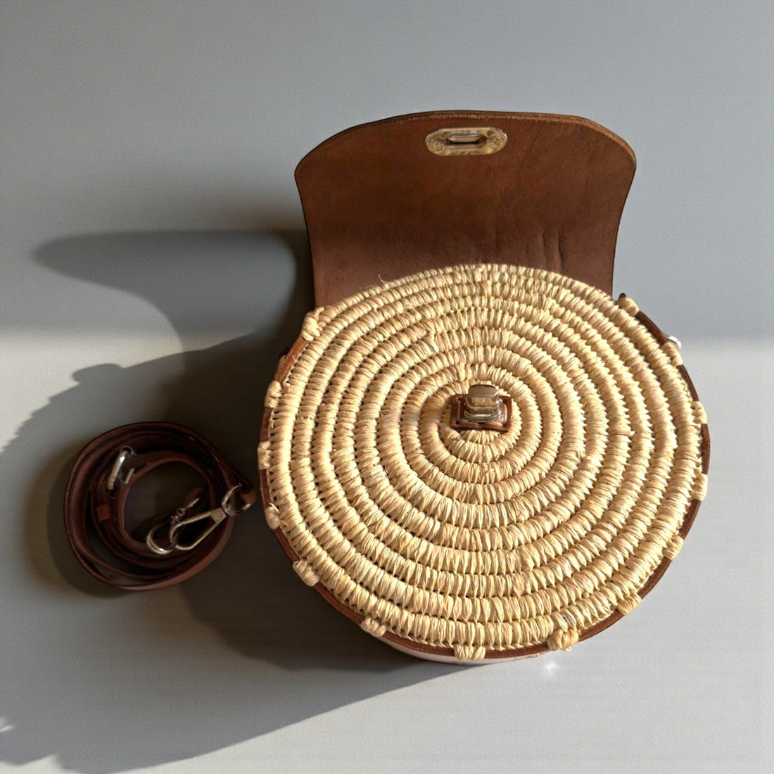 Round Raffia Leather Bag - Handmade Woven Boho Crossbody Purse