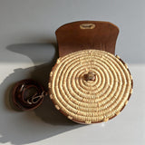 Round Raffia Leather Bag - Handmade Woven Boho Crossbody Purse
