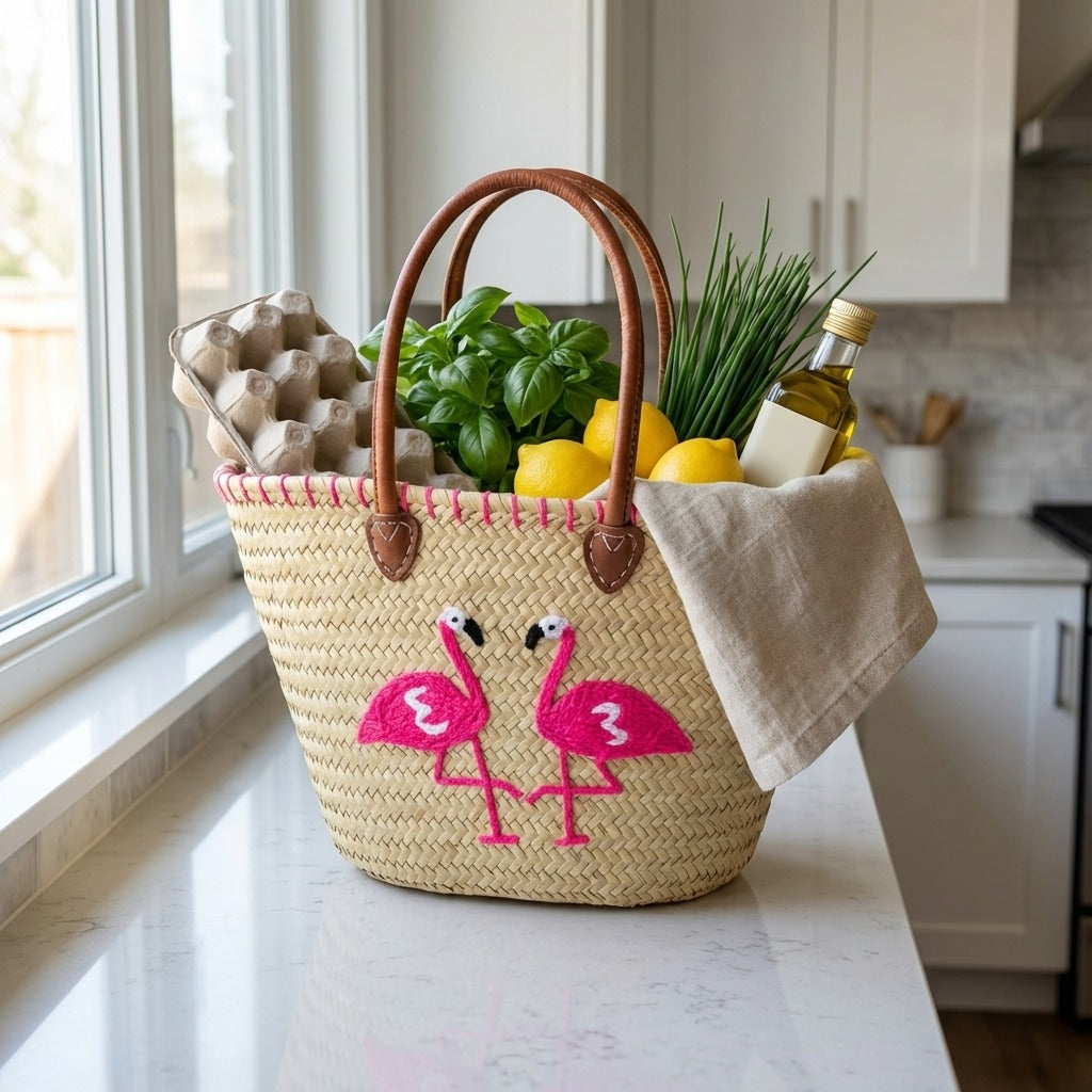Flamingo Straw Tote Bag, Embroidered Summer Beach Basket Leather Handles