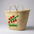 Tomato Embroidered Straw Basket - Handmade Woven Market Tote Bag