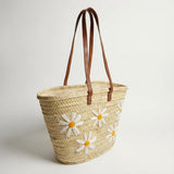 Daisy Straw Tote Bag Handwoven Floral Market Basket