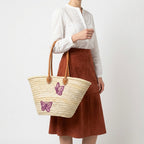 Butterfly Straw Tote Bag French Market Basket Double Leather Handles