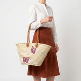 Butterfly Straw Tote Bag French Market Basket Double Leather Handles