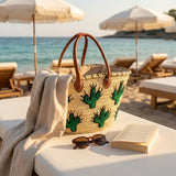 Woven Straw Cactus Tote Bag Market Basket Leather Handles