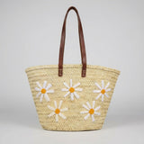 Daisy Straw Tote Bag Handwoven Floral Market Basket