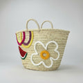 Straw Market Basket with Embroidered Flower and Watermelon Design
