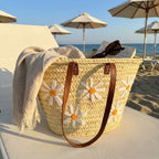 Daisy Straw Tote Bag Handwoven Floral Market Basket