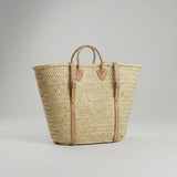 French Market Backpack Woven Straw Basket with Leather Straps