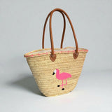 Flamingo Straw Beach Bag Woven Tote with Leather Handles