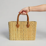 Rectangular Straw Market Bag with Leather Handles - Woven Beach Tote