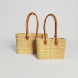 Rectangular Straw Market Bag with Leather Handles - Woven Beach Tote