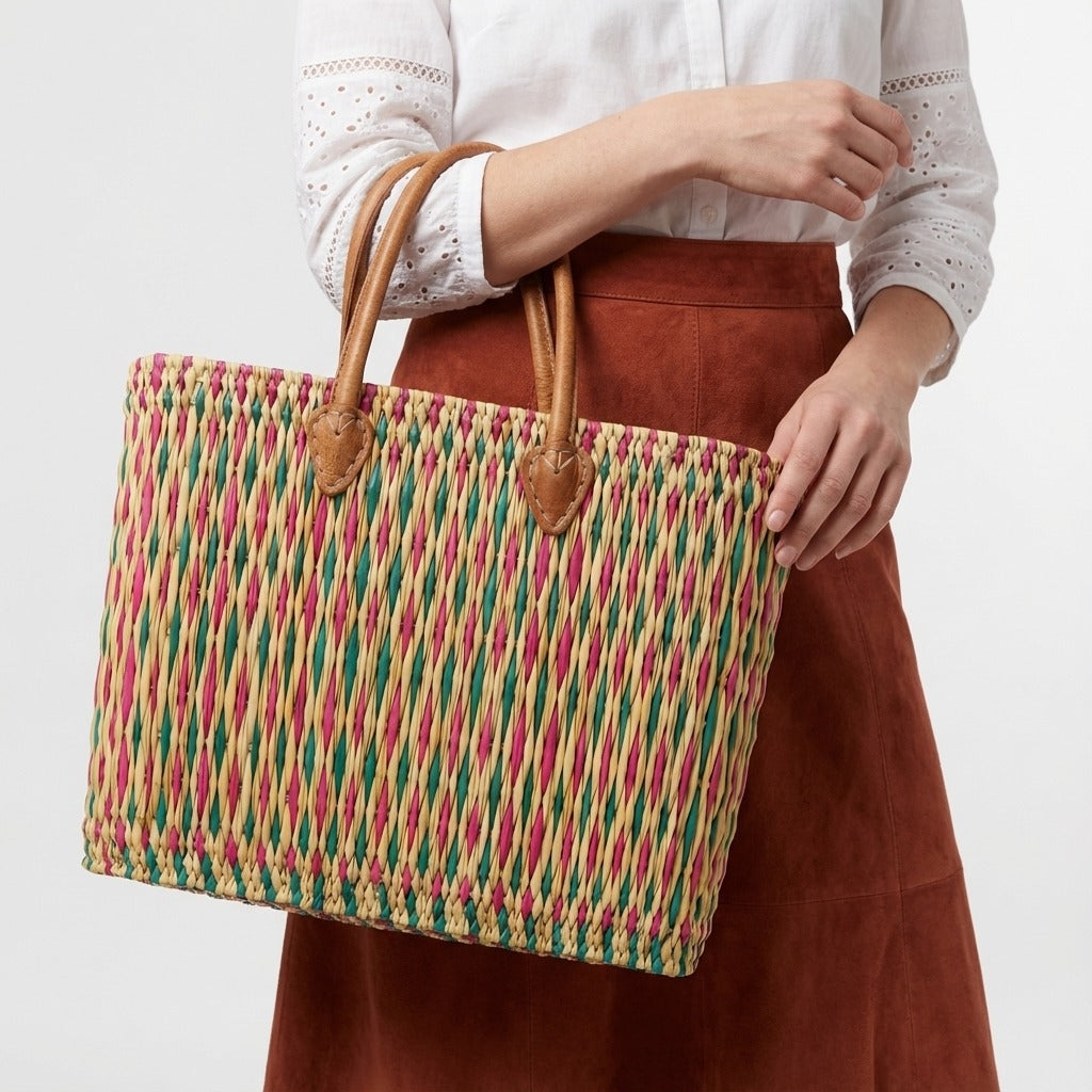 Handmade Reed Market Basket Tote with Leather Handles