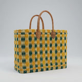 Handmade Reed Market Basket Tote Bag - Orange Green Geometric Pattern