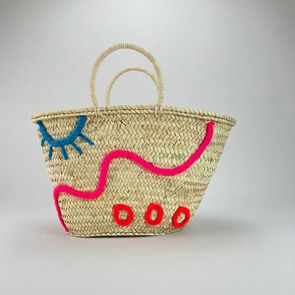 Embroidered Straw Tote Bag Woven Market Basket with Eye & Wave Design
