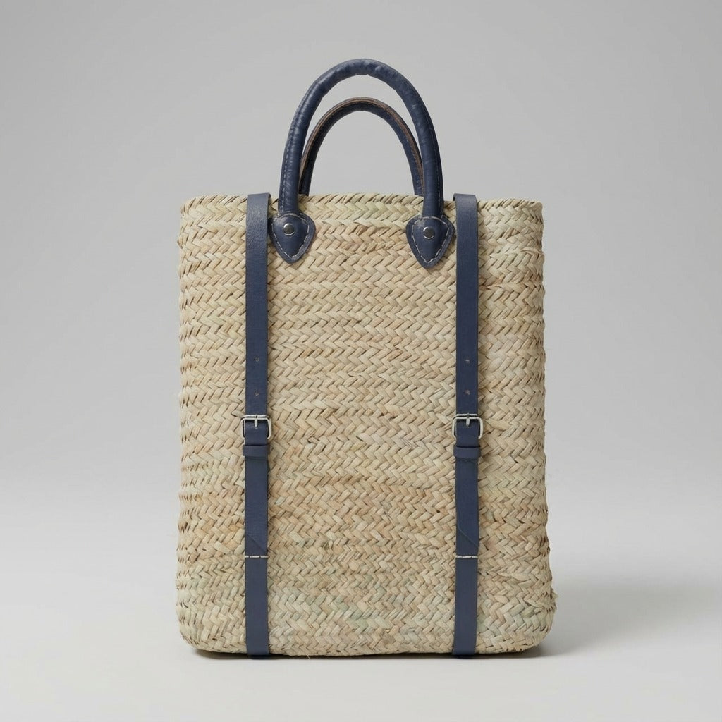 Woven Straw Backpack with Leather Straps - Handmade Market Tote