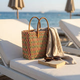 Handmade Reed Market Basket Tote with Leather Handles