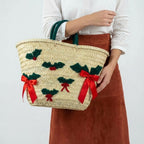 Christmas Holly Straw Tote Bag - Woven Holiday Market Basket