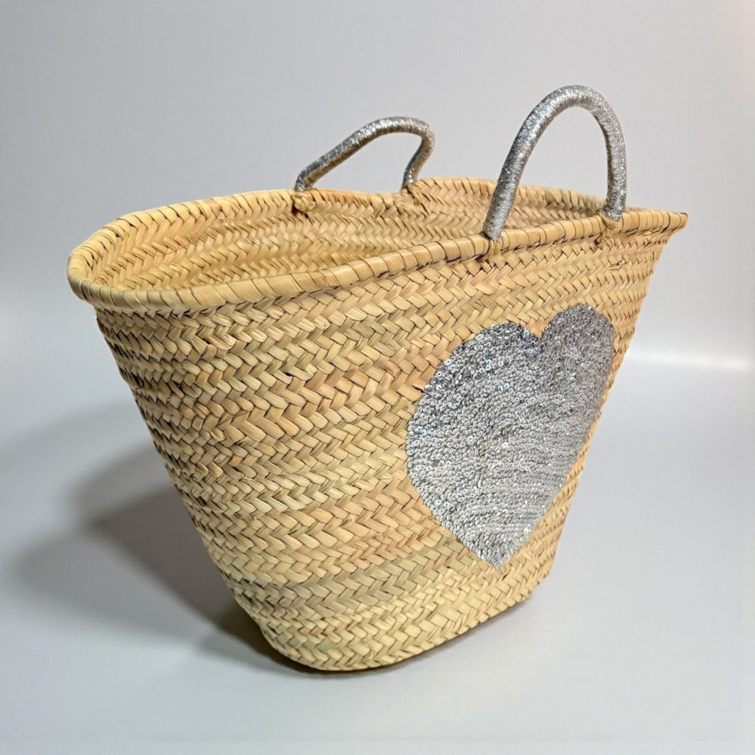 Sequin Heart Straw Market Basket - Handmade Boho Beach Tote Bag