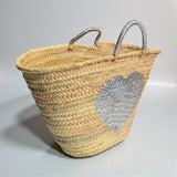 Sequin Heart Straw Market Basket - Handmade Boho Beach Tote Bag