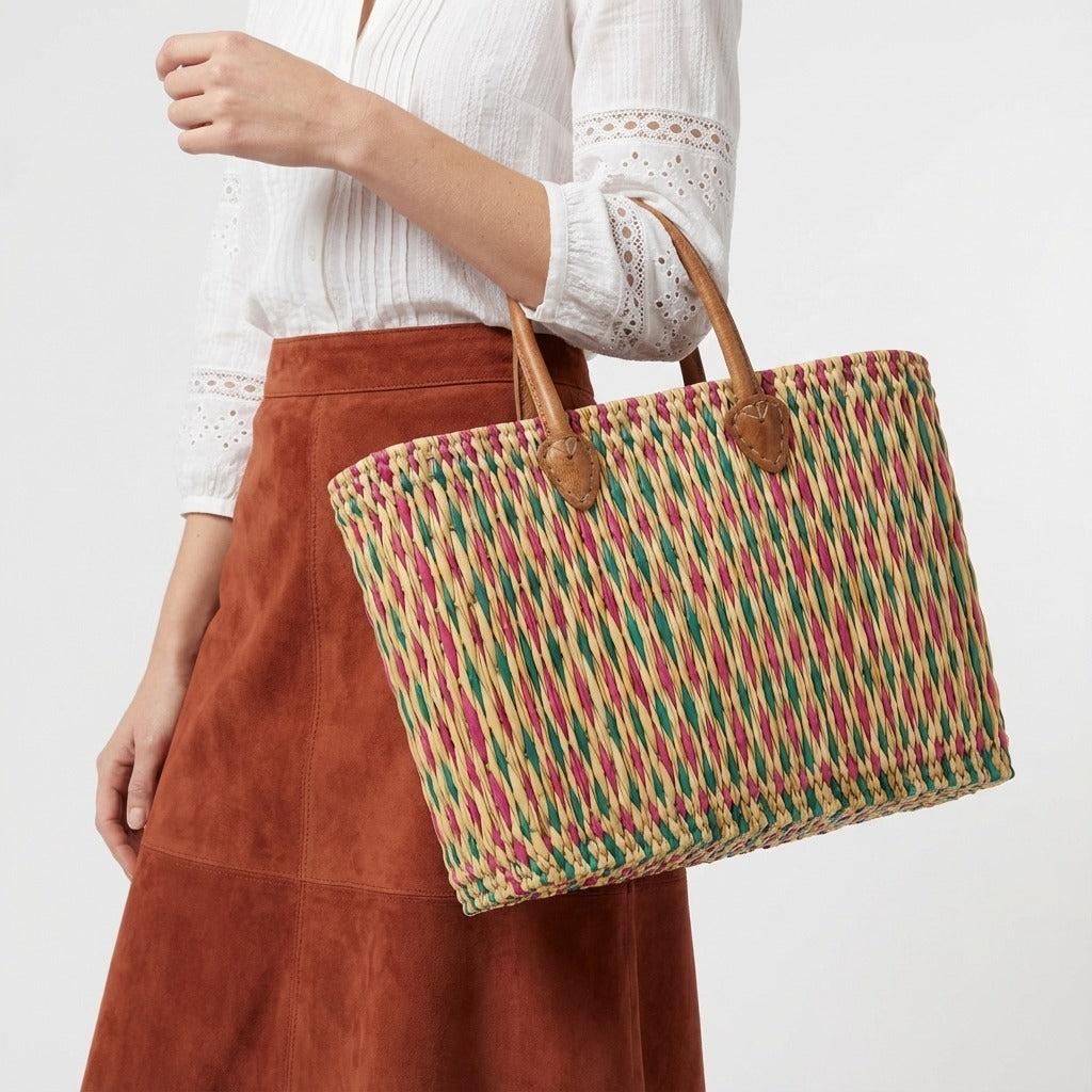 Handmade Reed Market Basket Tote with Leather Handles