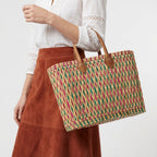 Handmade Reed Market Basket Tote with Leather Handles