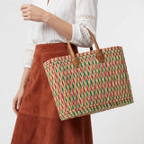 Handmade Reed Market Basket Tote with Leather Handles