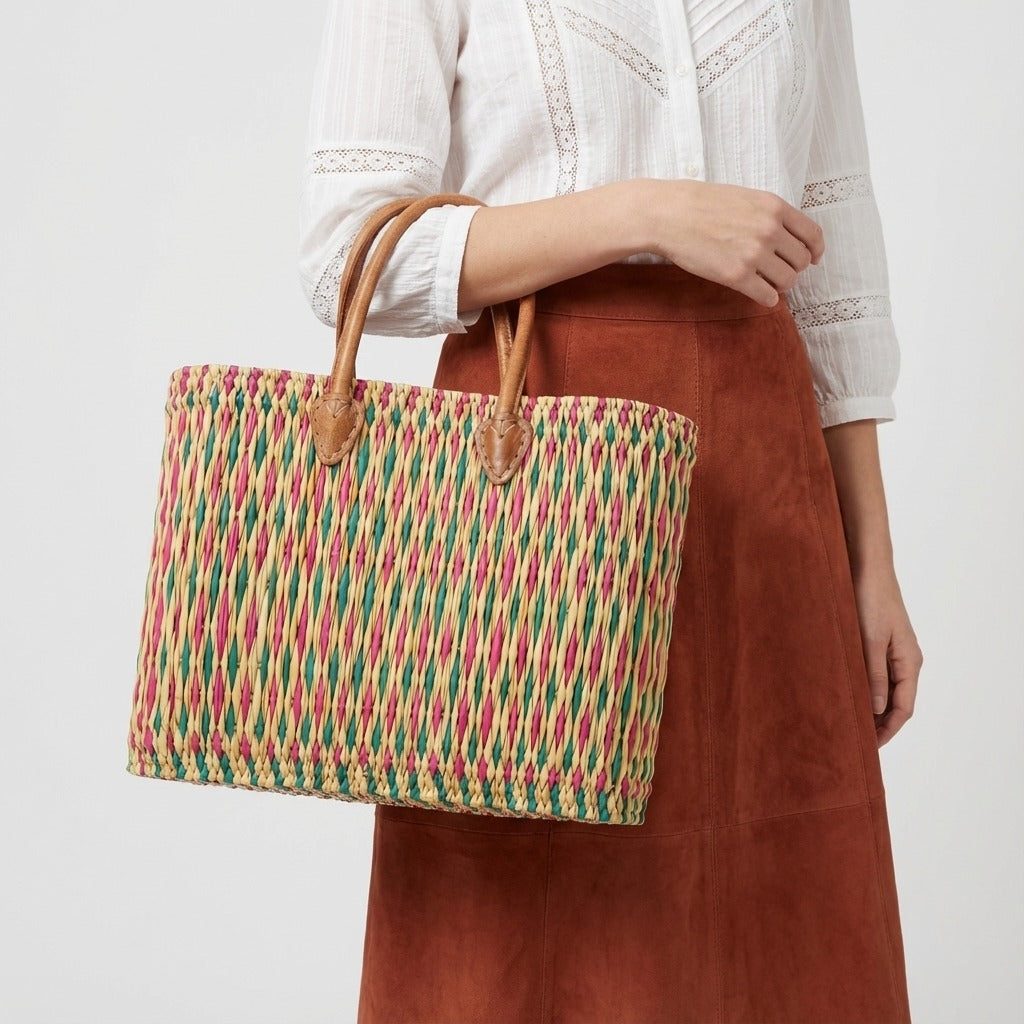 Handmade Reed Market Basket Tote with Leather Handles