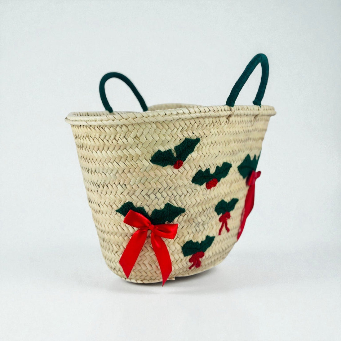 Christmas Holly Straw Tote Bag - Woven Holiday Market Basket