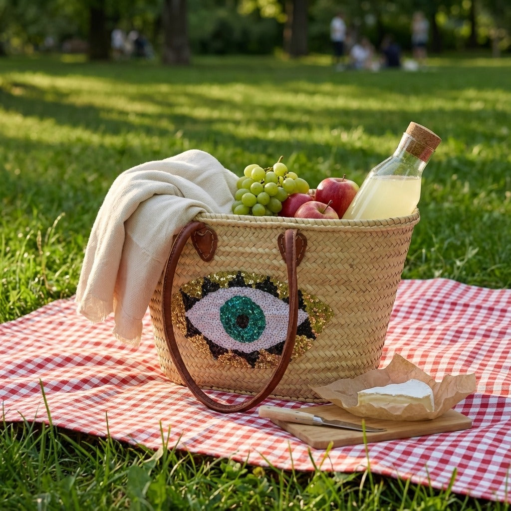 Evil Eye Straw Bag, Large Sequin Woven Market Tote & Leather Handles