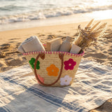 Floral Straw Tote Bag with Leather Handles - Woven Summer Market Basket